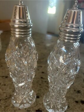 Cut Crystal Salt and Pepper Shakers with Silver-Tone Tops 7”